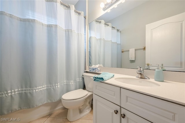 full bathroom featuring shower / bathtub combination with curtain, tile patterned flooring, vanity, and toilet