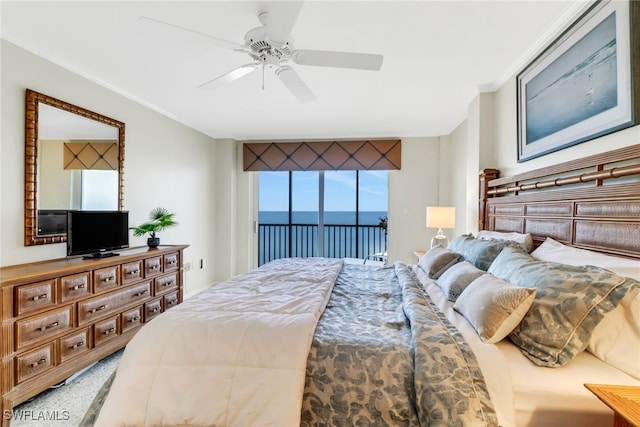 bedroom featuring access to exterior, carpet, multiple windows, and ceiling fan