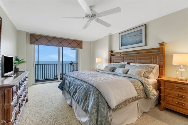 bedroom with access to exterior, light colored carpet, ceiling fan, and ornamental molding