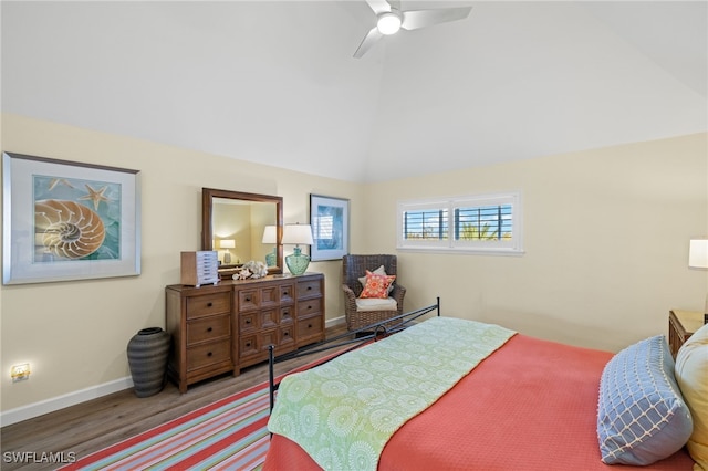 bedroom featuring high vaulted ceiling, a ceiling fan, baseboards, and wood finished floors