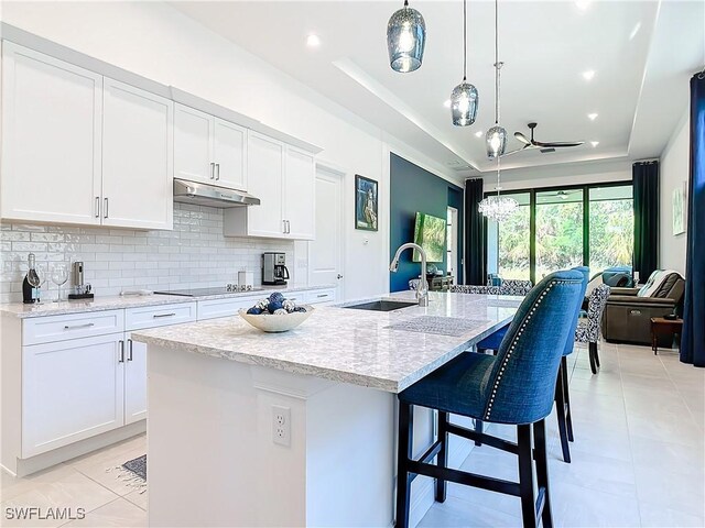 kitchen featuring white cabinets, a center island with sink, a raised ceiling, and ceiling fan