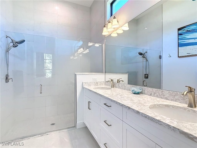 bathroom featuring vanity and a shower with shower door