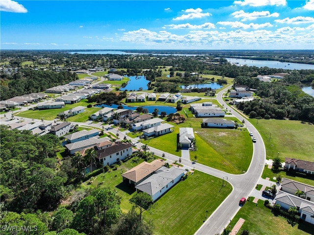 bird's eye view with a water view