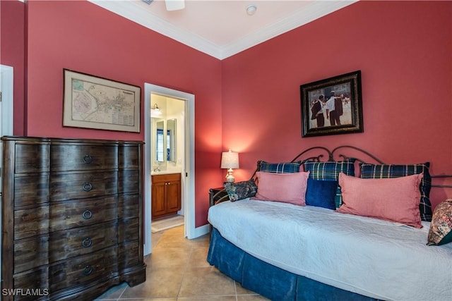 tiled bedroom featuring connected bathroom, ceiling fan, and crown molding