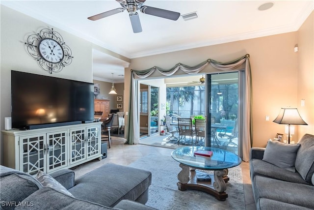 16144 Parque Ln, Naples, FL 34110 - tiled living area with ceiling fan and crown molding