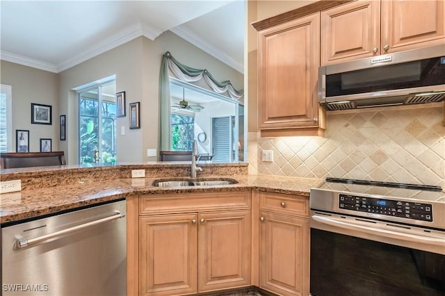 kitchen featuring stainless steel appliances, light stone counters, crown molding, and sink