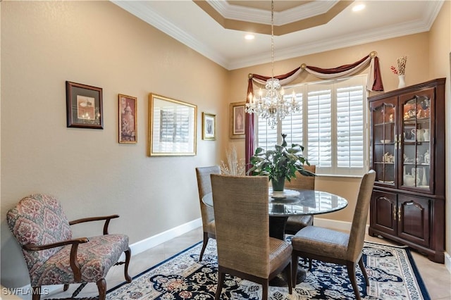 tiled dining space featuring crown molding and a notable chandelier