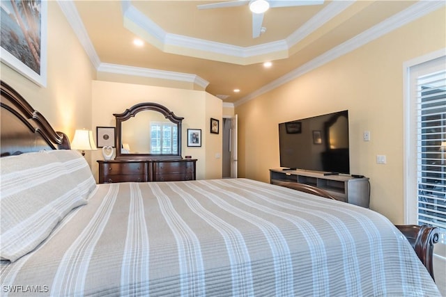 16144 Parque Ln, Naples, FL 34110 - bedroom with ornamental molding, recessed lighting, a raised ceiling, and a ceiling fan