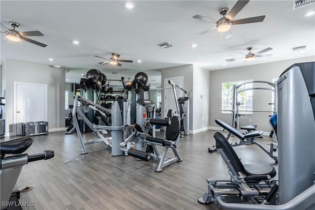 exercise room with hardwood / wood-style floors