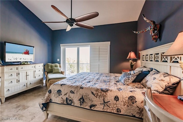 bedroom with access to exterior and ceiling fan