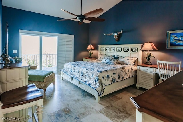 bedroom featuring ceiling fan and access to outside