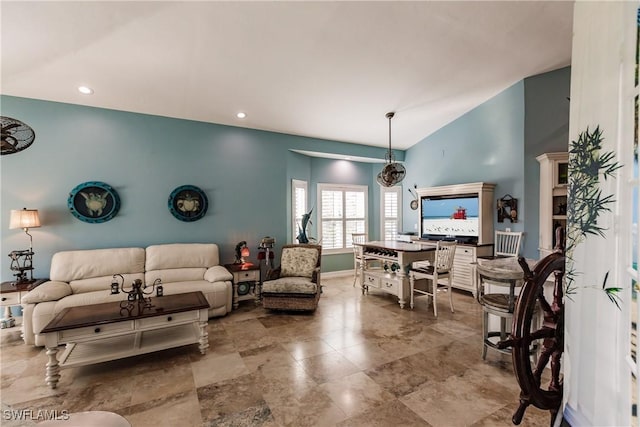 living room with lofted ceiling