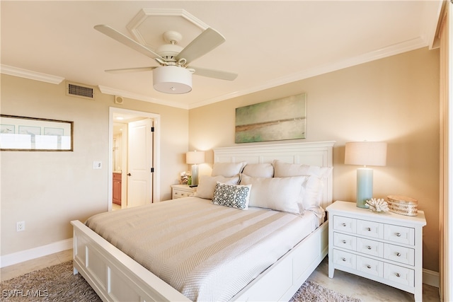 tiled bedroom featuring ceiling fan and crown molding