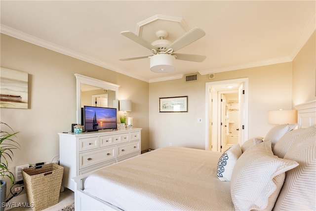 bedroom with connected bathroom, ceiling fan, and ornamental molding