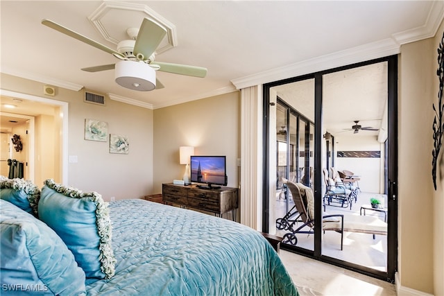 bedroom featuring ceiling fan, access to exterior, and ornamental molding