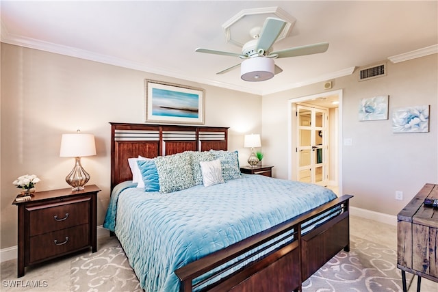 bedroom with ceiling fan and crown molding