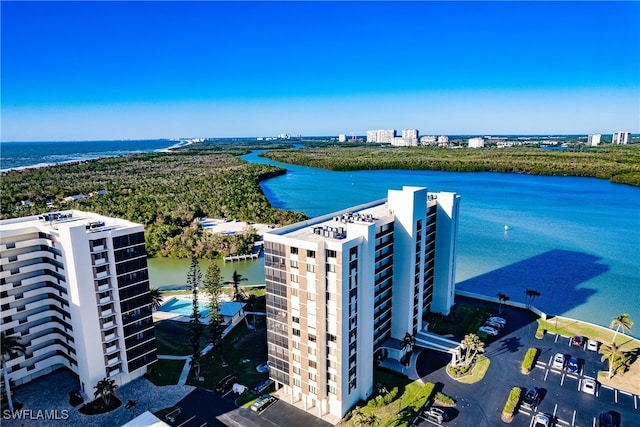 birds eye view of property featuring a water view