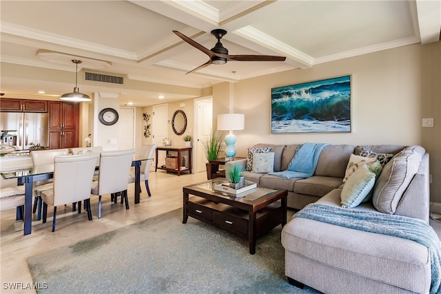 living room with beam ceiling, ceiling fan, coffered ceiling, and ornamental molding