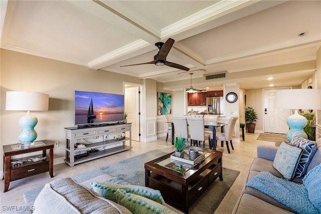 living room with coffered ceiling, ceiling fan, ornamental molding, beamed ceiling, and light tile patterned flooring