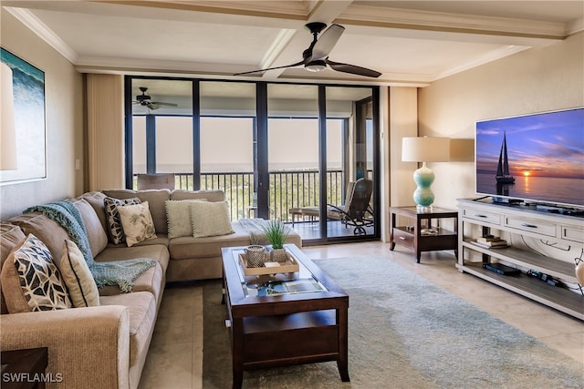 living room featuring beamed ceiling, tile patterned flooring, ceiling fan, and ornamental molding