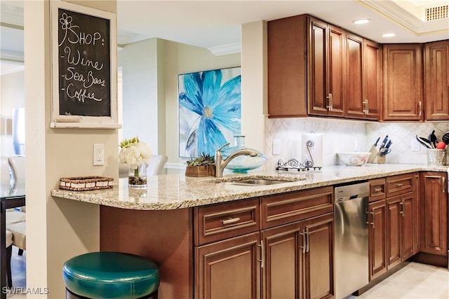 kitchen featuring dishwasher, sink, ornamental molding, tasteful backsplash, and light stone counters