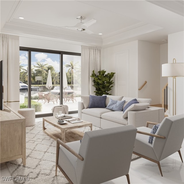 living room featuring a raised ceiling, ceiling fan, and crown molding