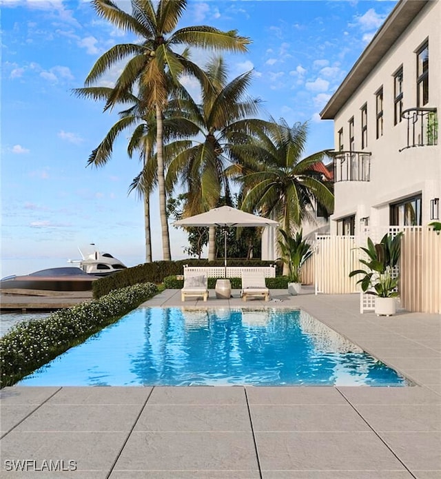 view of swimming pool featuring a patio area