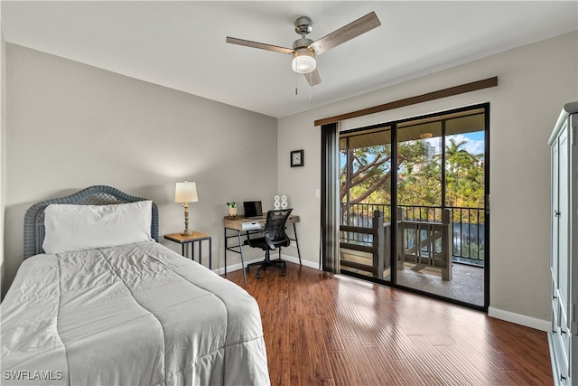 bedroom with access to exterior, ceiling fan, and dark wood-type flooring