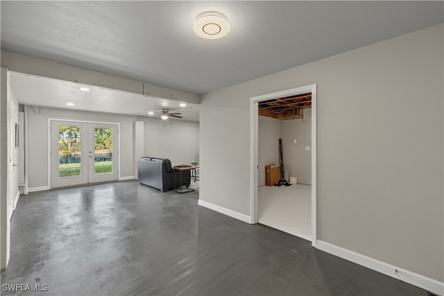 interior space featuring ceiling fan and french doors