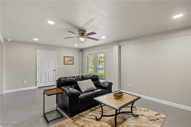 living room with french doors and ceiling fan