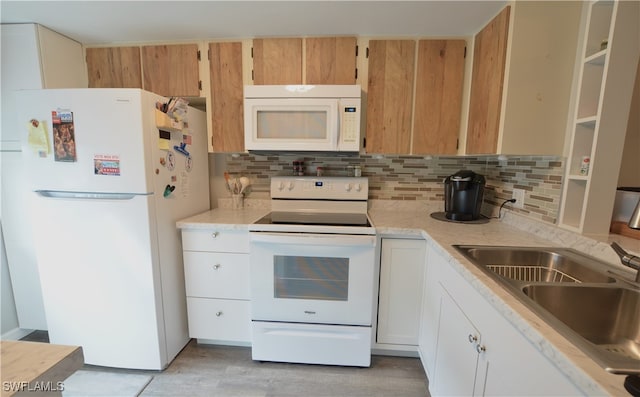 kitchen featuring white cabinetry, decorative backsplash, sink, and white appliances