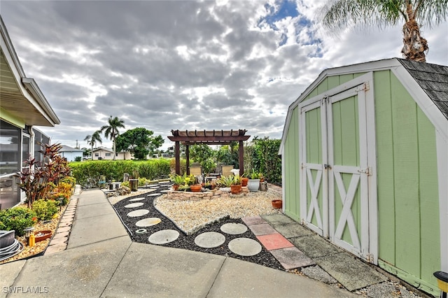 view of patio with a shed