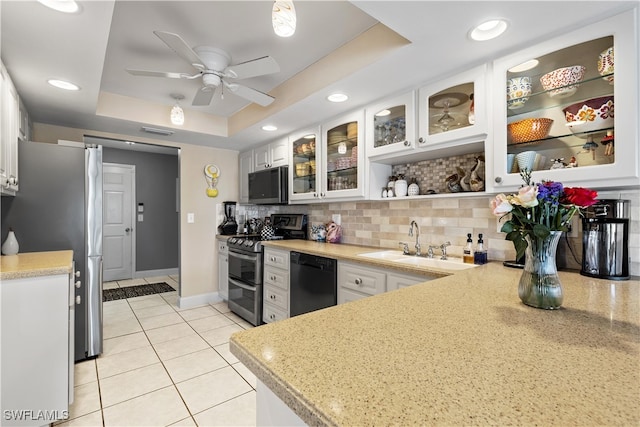 kitchen featuring sink, a raised ceiling, white cabinetry, and stainless steel appliances