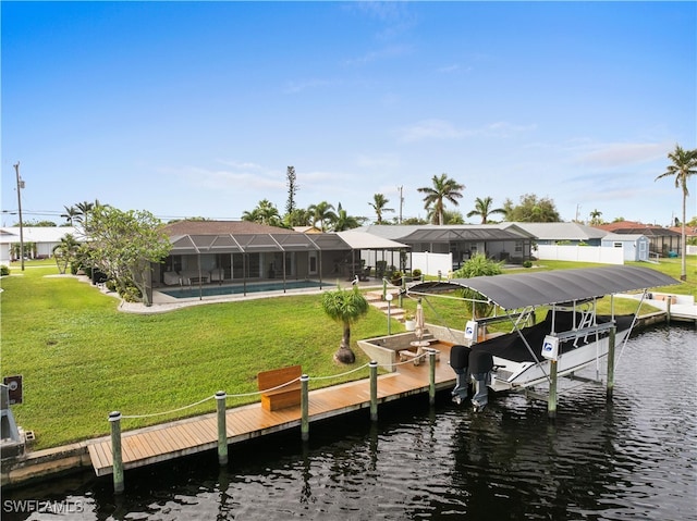 dock area with a lanai, a swimming pool, a water view, and a lawn