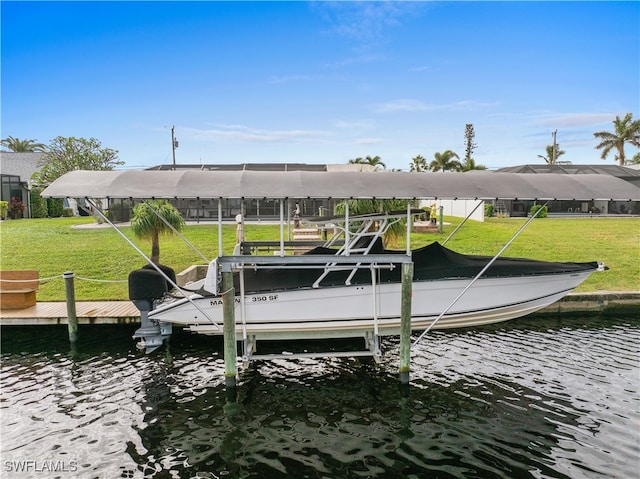 view of dock featuring a water view and a lawn