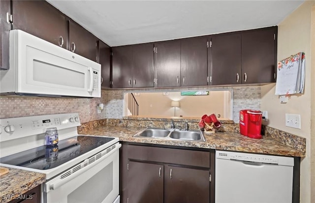 kitchen featuring dark brown cabinets, decorative backsplash, sink, and white appliances