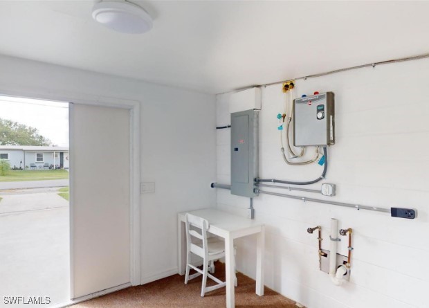 interior space featuring carpet flooring, electric panel, and water heater