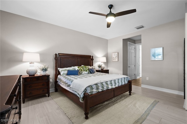 bedroom with ceiling fan and light hardwood / wood-style floors