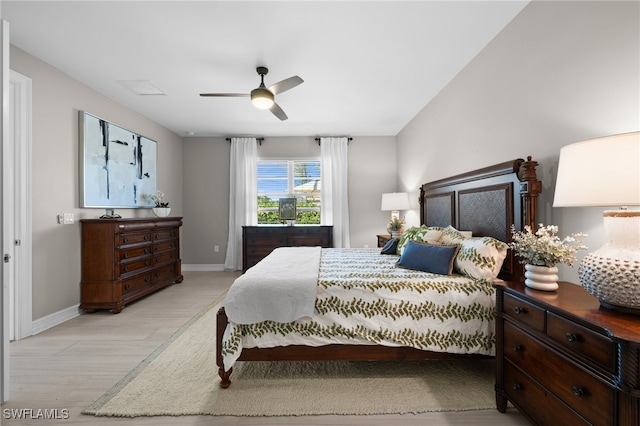 bedroom featuring light wood-type flooring and ceiling fan