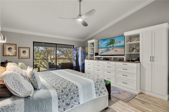 bedroom with access to exterior, ceiling fan, light hardwood / wood-style flooring, vaulted ceiling, and ornamental molding