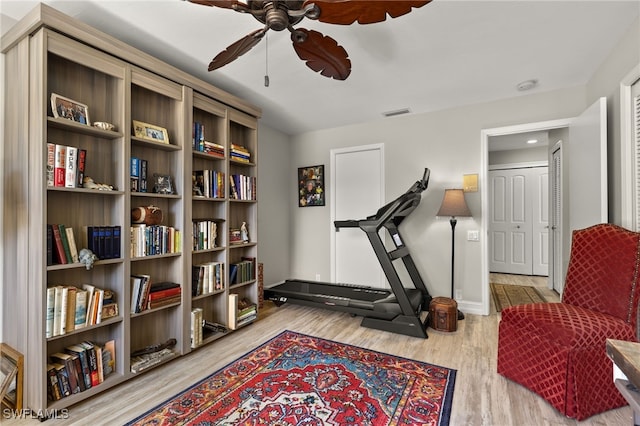 workout room featuring ceiling fan and hardwood / wood-style flooring