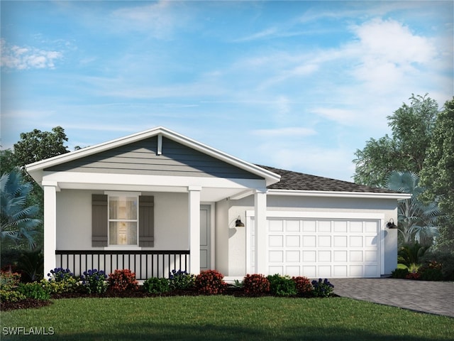 ranch-style home featuring a front lawn, covered porch, and a garage