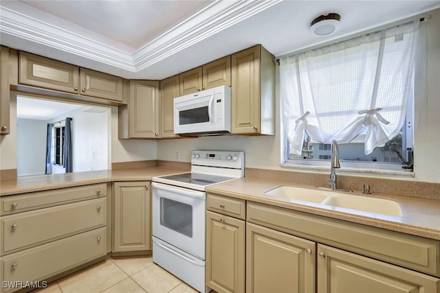 kitchen featuring white appliances, sink, light tile patterned floors, and ornamental molding