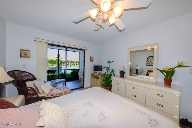 bedroom featuring access to exterior and ceiling fan