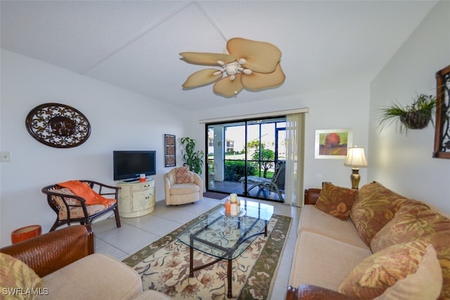 living room featuring light tile patterned floors and ceiling fan