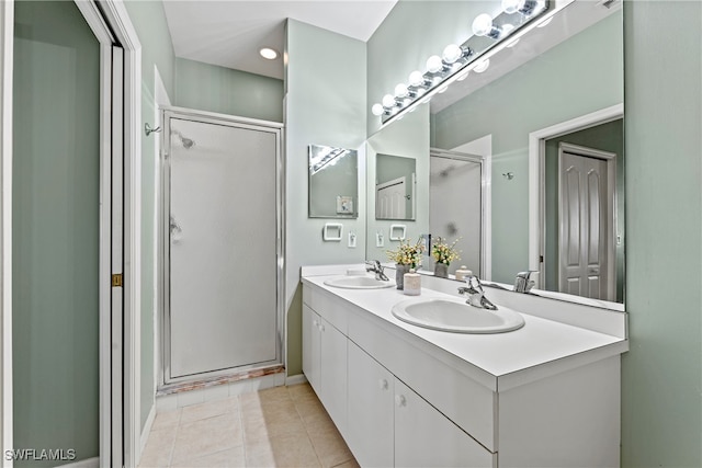 bathroom featuring tile patterned flooring, vanity, and walk in shower