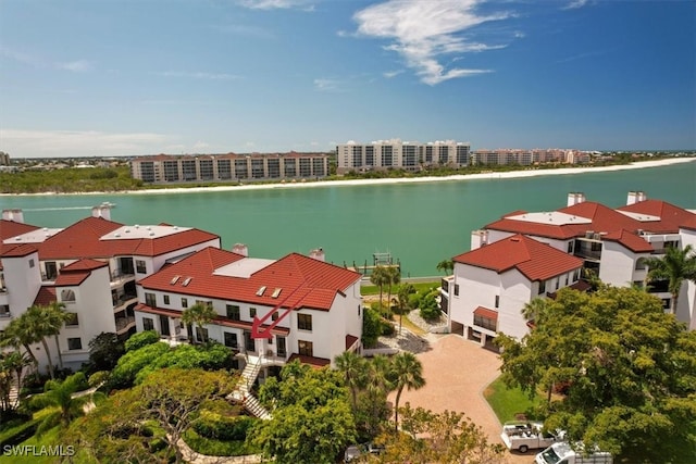 aerial view featuring a water view