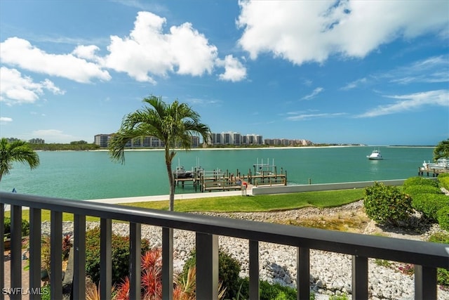 view of water feature with a boat dock