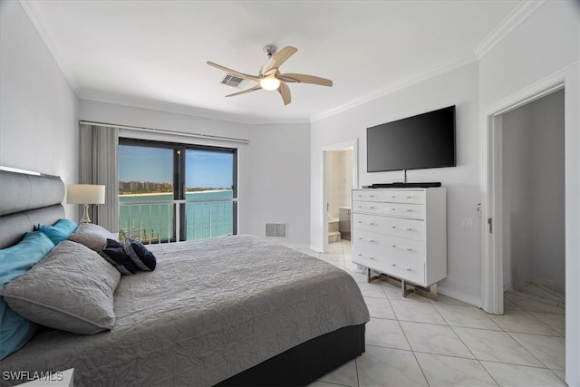 bedroom featuring access to exterior, ceiling fan, crown molding, and ensuite bathroom