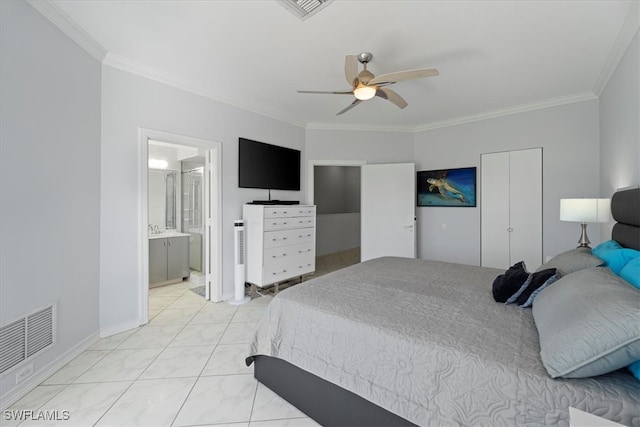 bedroom featuring light tile patterned floors, ensuite bathroom, ceiling fan, and crown molding